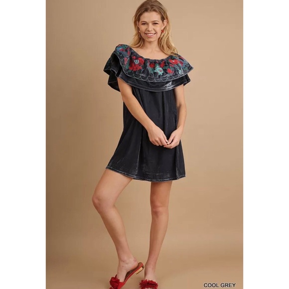 Umgee Off Shoulder Dress Velour Gray Embroidered - Picture 4 of 7